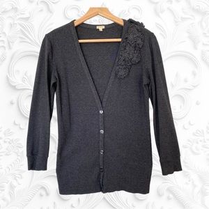 J Crew Cotton Knit Cardigan Womens Size Small Gray V-neck Gathered Flower Detail